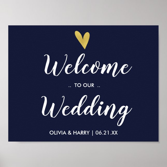 Gold Heart Navy Welcome Wedding Sign (Front)