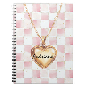 Gold Heart Necklace Pink White Squares Notebook