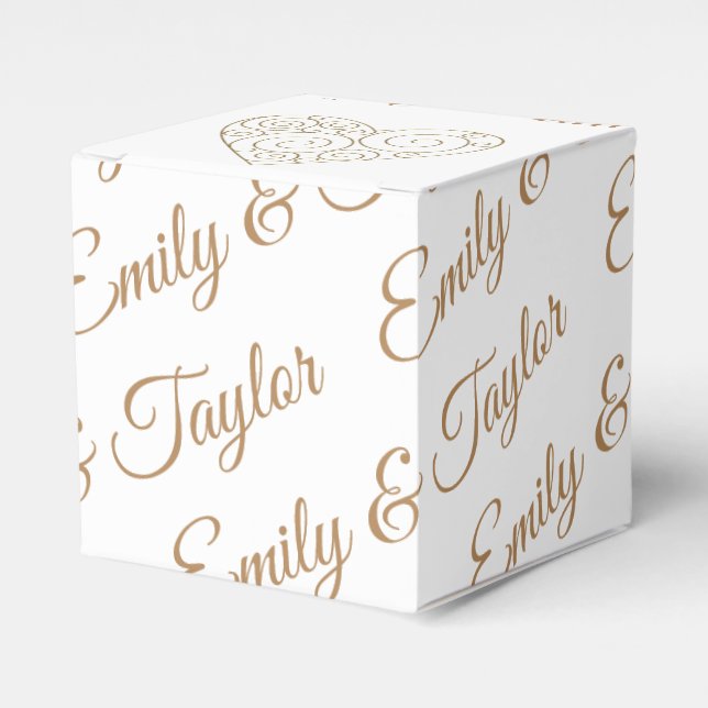Gold Heart Newlywed's Names Wedding Favour Box (Front Side)