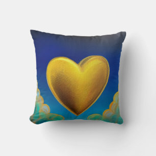 Gold Heart on Blue Background Throw Pillow