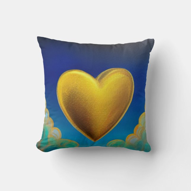 Gold Heart on Blue Background Throw Pillow (Front)