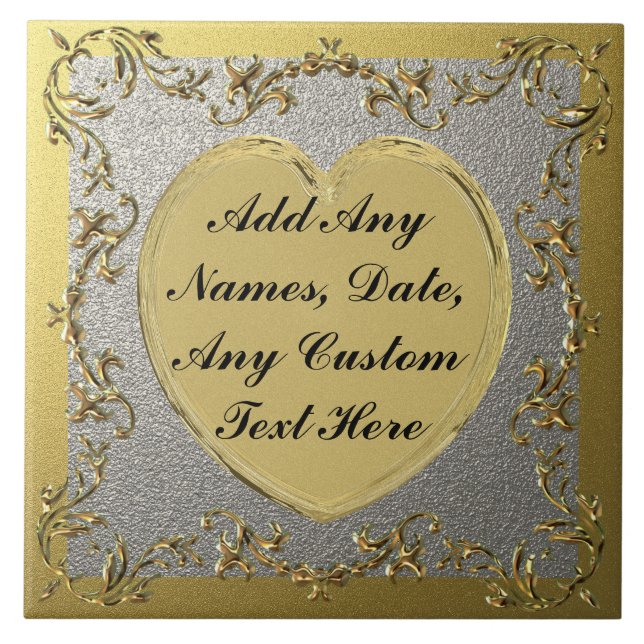 Gold Heart On Decorative Gold & Silver Border Tile (Front)