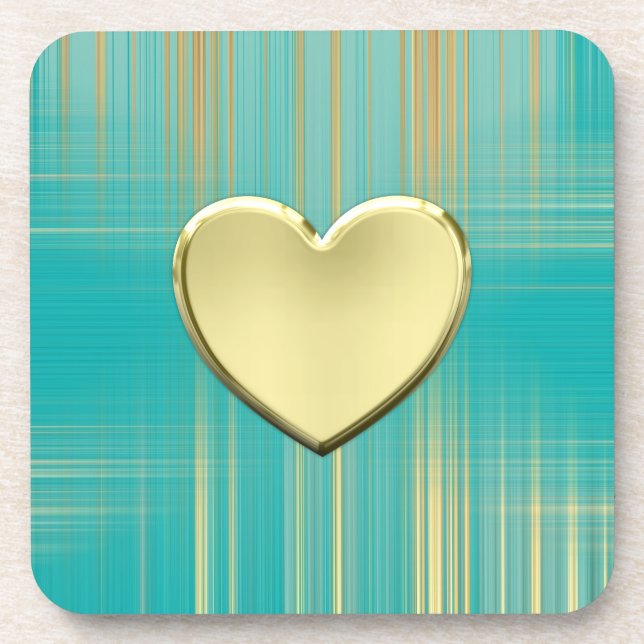 Gold Heart on Turquoise Plaid Coaster (Front)