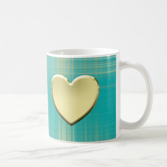 Gold Heart on Turquoise Plaid Coffee Mug (Right)