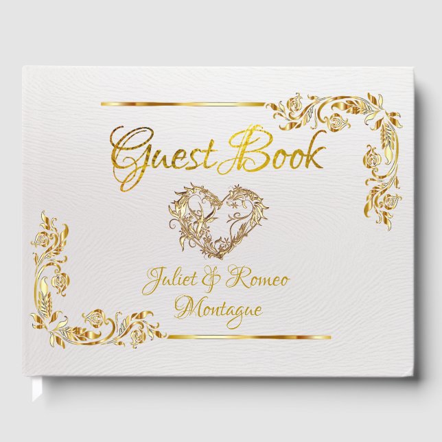  Gold Heart on White Pearl with Gold Border Guest Book (Front)
