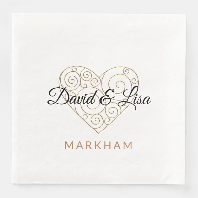 Gold Heart Paper Napkin with Personalised Names (Front)