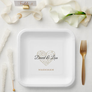 Gold Heart Paper Plates with Personalised Names