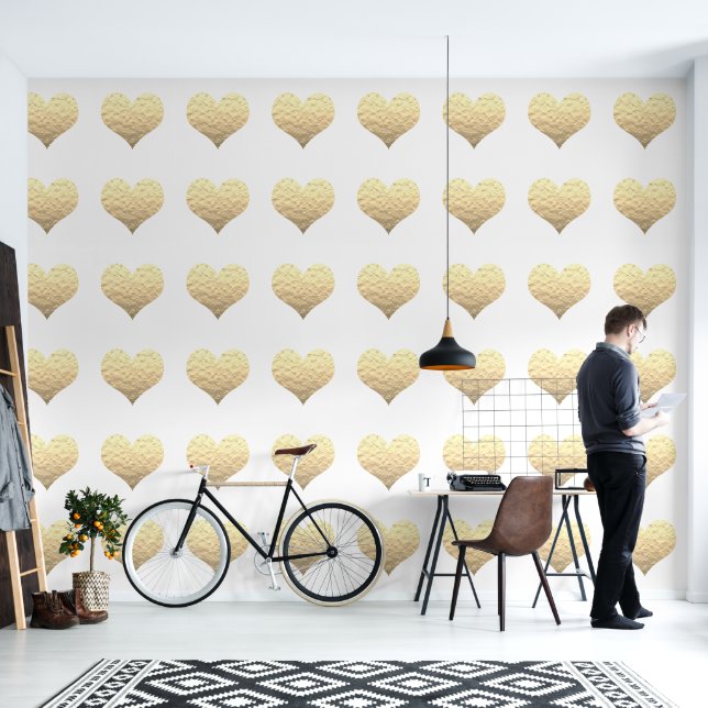 Gold Heart Patterns White Custom Colour Cute Lovel Wallpaper (Living Room)