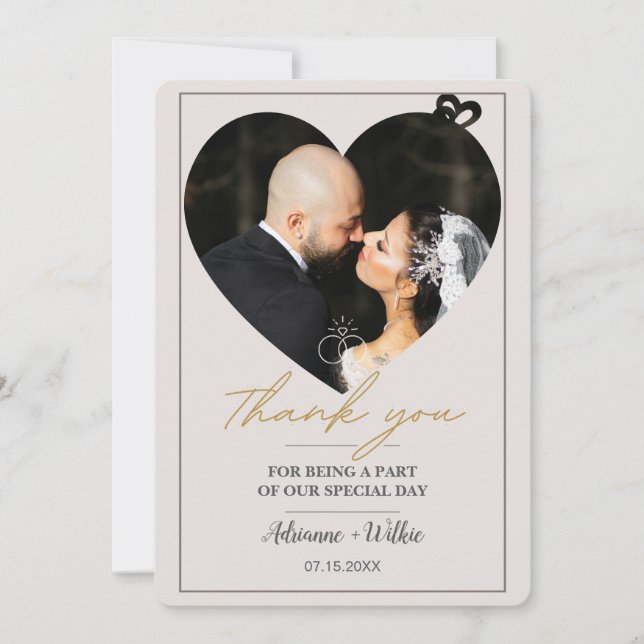 Gold Heart Photo Minimalist Wedding Thank You Card (Front)