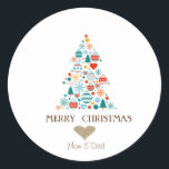 Gold Heart, Pine Tree Colourful Balls Christmas Classic Round Sticker<br><div class="desc">Elegant glitter faux gold heart and pine tree with colourful balls on a white background.</div>