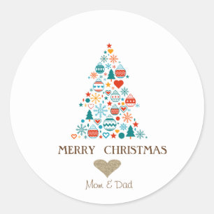 Gold Heart, Pine Tree Colourful Balls Christmas Classic Round Sticker