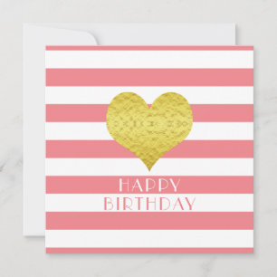 Gold Heart Pink White Stripes Happy Birthday Holiday Card