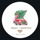 Gold Heart, Red Car Pine Trees Christmas Classic Round Sticker<br><div class="desc">Elegant glitter faux gold heart and red cars with pine trees on a white background.</div>