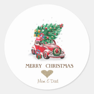Gold Heart, Red Car Pine Trees Christmas Classic Round Sticker