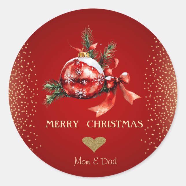 Gold Heart,Red Christmas Ball Bow Classic Round Sticker (Front)