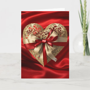 Gold Heart Red Ribbon Valentine's Day Heart Card