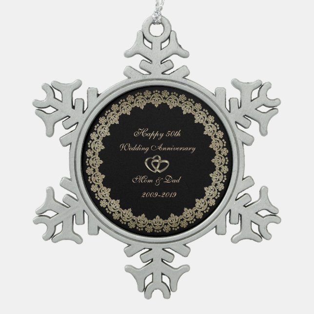 Gold  Heart Rings  50th Wedding Anniversary Snowflake Pewter Christmas Ornament (Front)