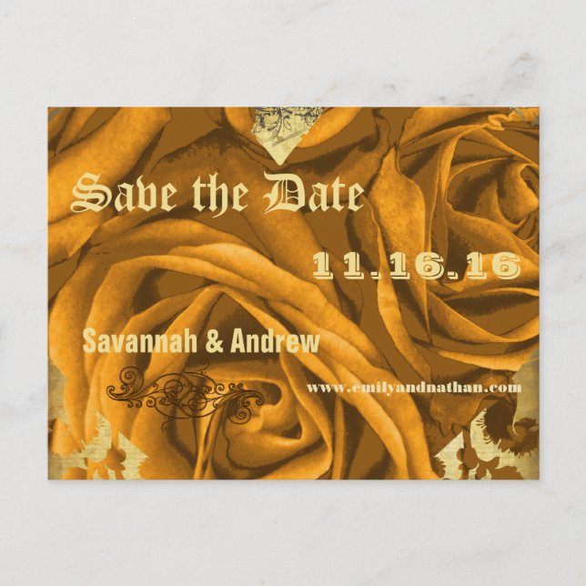 Gold Heart Roses and Butterflies Save the Date Announcement Postcard (Front)