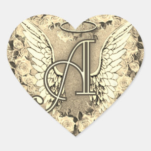 Gold Heart Roses Angel Wings Monogram Heart Sticker