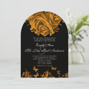 Gold Heart Roses & Butterflies Wedding Invitation