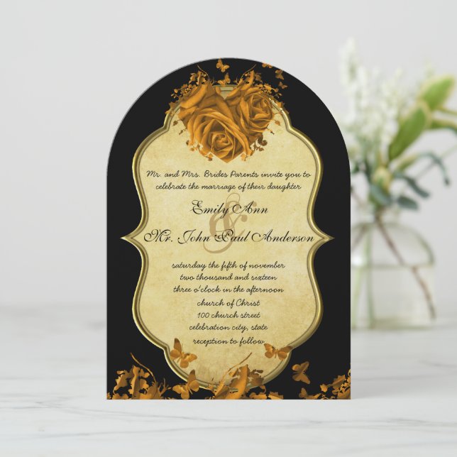 Gold Heart Roses & Butterflies Wedding Invitation (Standing Front)