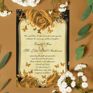 Gold Heart Roses & Butterflies Wedding Invitation