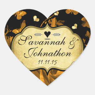 Gold Heart Roses & Butterflies Wedding Sticker