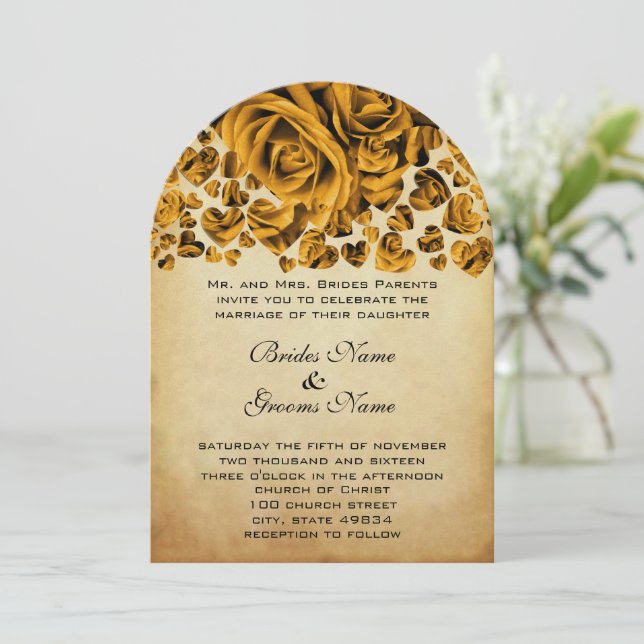 Gold Heart Roses Wedding Invitation (Standing Front)