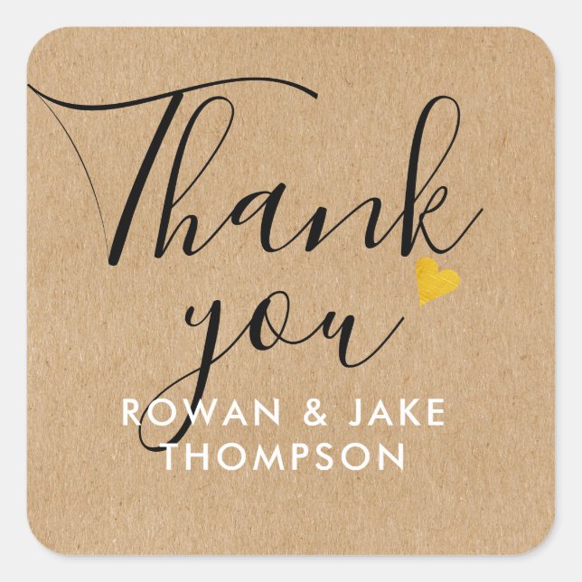 Gold Heart Rustic Kraft Script Thank You Square Sticker (Front)