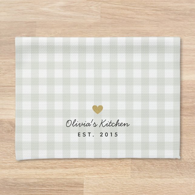 Gold Heart Sage Buffalo Check Custom Name Gift Tea Towel (Creator Uploaded)