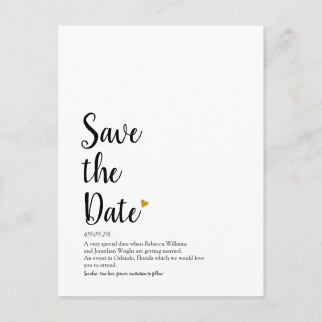 Gold Heart Script Save the Date Definition Announcement Postcard (Front)