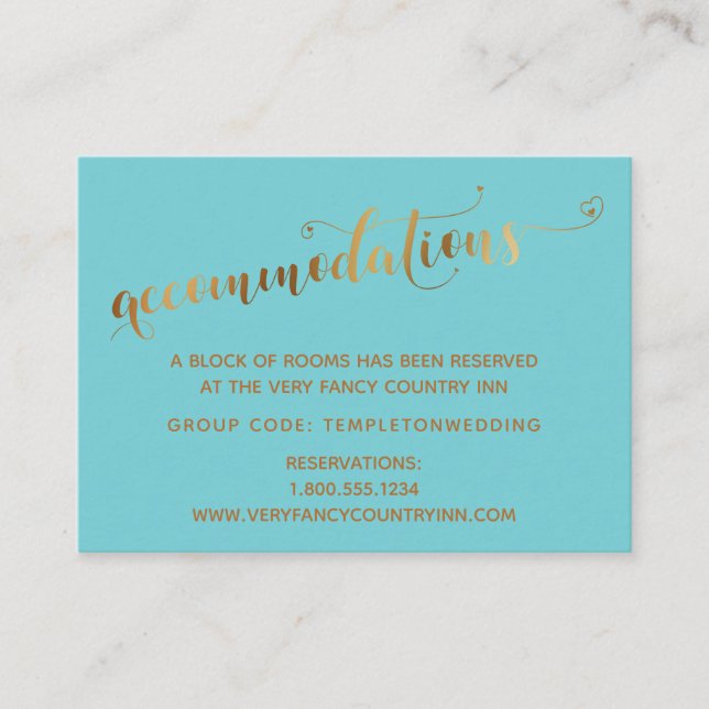 Gold Heart Script Turquoise Wedding Accommodations Enclosure Card (Front)