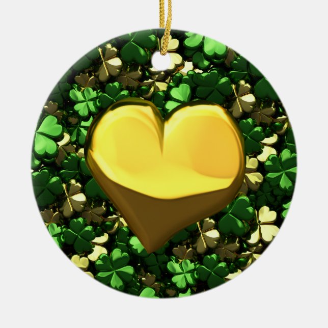 Gold Heart Shamrocks Ceramic Ornament (Front)