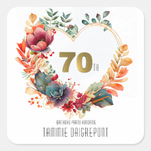Gold Heart Shape Peony Flower 70th Birthday Party Square Sticker