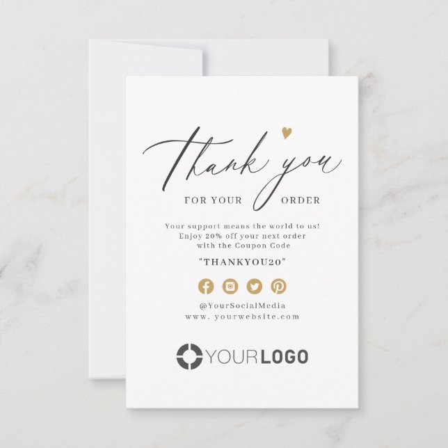 Gold heart simple script business logo thank you card (Front)