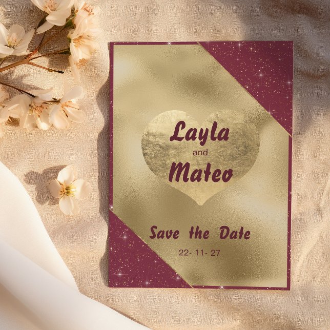 Gold heart sparkle burgundy glitter Save the Date Invitation (Gold heart sparkle burgundy glitter Save the Date )