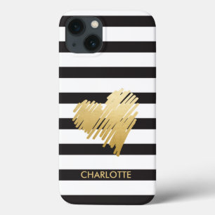 Gold Heart Striped Personalised iPhone 13 Case