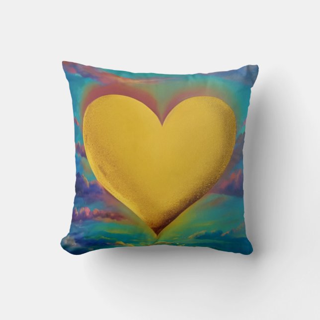 Gold Heart Surrounded by Colourful Clouds Cushion (Front)