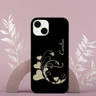 Gold Heart Swirl Faux Glitter on Black Case-Mate iPhone 14 Case