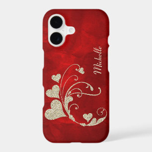 Gold Heart Swirl Faux Glitter on Red