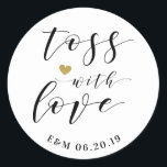 Gold Heart Toss with Love Wedding Confetti Favour Classic Round Sticker<br><div class="desc">Custom-designed "toss with love" stickers/labels for wedding confetti favour bags. Personalise with couple/bride and groom's initials and wedding date.</div>