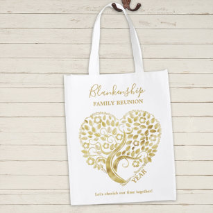 Gold Heart Tree Family Reunion One Sided Design Reusable Grocery Bag