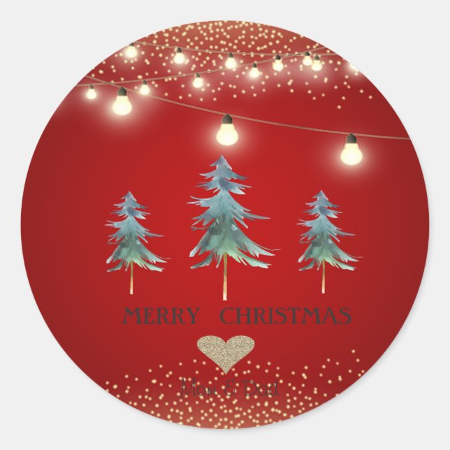 Gold Heart,Watercolor Christmas Trees, Lights Classic Round Sticker (Front)
