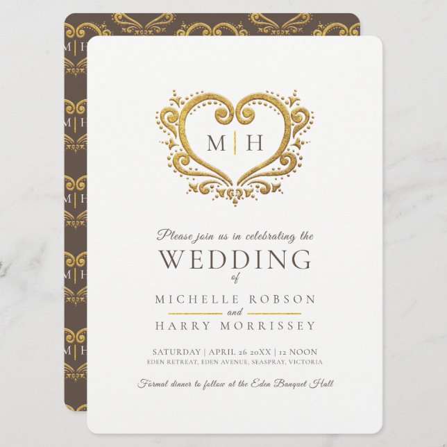 Gold heart wedding dark brown white invitation (Front/Back)