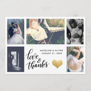 Gold Heart Wedding Photo Love & Thanks Script Thank You Card