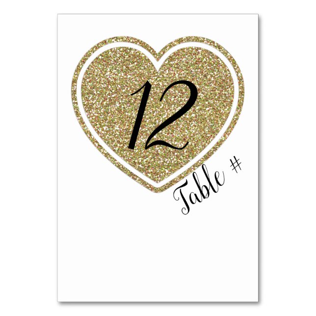 Gold Heart Wedding Table Number Card (Front)
