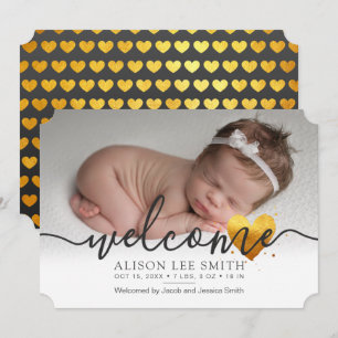 Gold heart Welcome birth Announcement Card