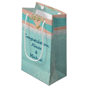 gold heart with baby's breath and lace border small gift bag