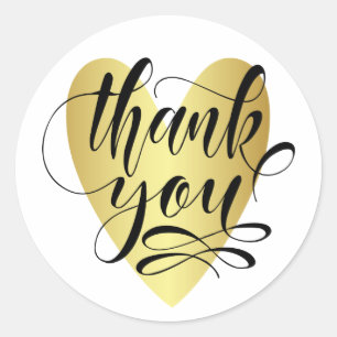 Gold Heart with Calligraphy Thank You Classic Round Sticker