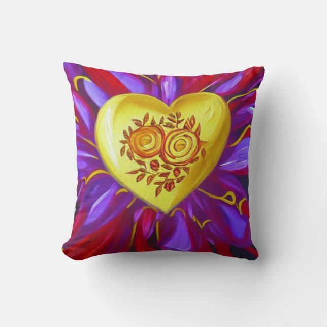 Gold Heart with Roses Throw Pillow (Front)
